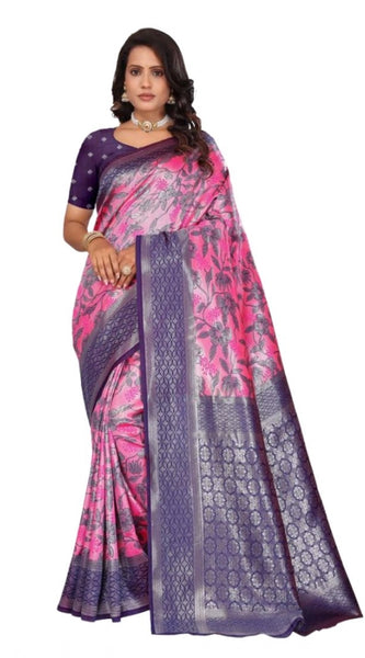 Mayawye Women's Banarasi Silk Jaquard Woven Saree With Unstitched Blouse 5.5Mtr (Pink)