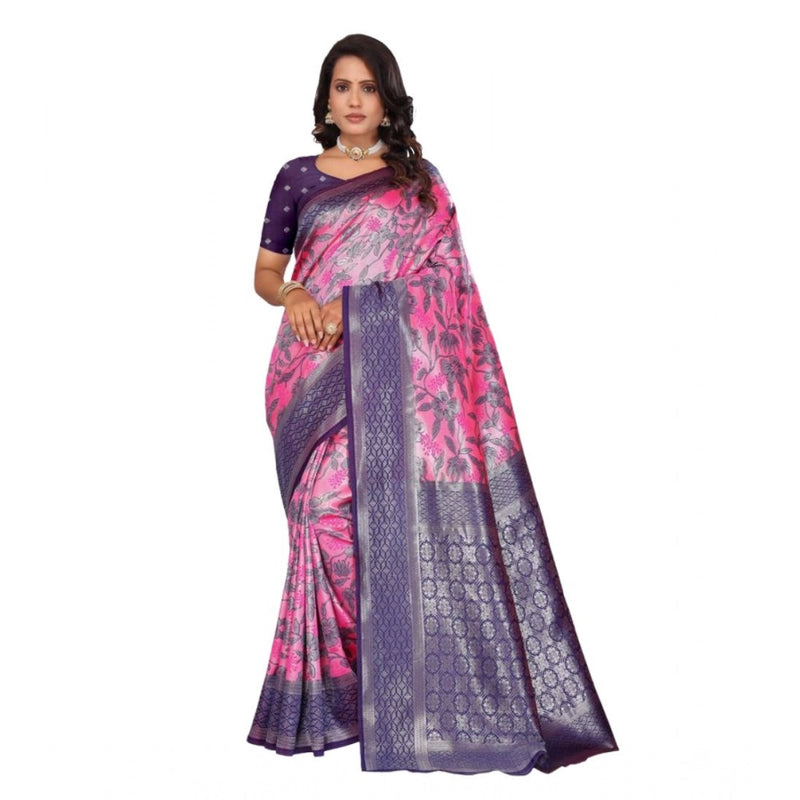 Mayawye Women's Banarasi Silk Jaquard Woven Saree With Unstitched Blouse 5.5Mtr (Pink)