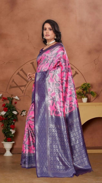 Mayawye Women's Banarasi Silk Jaquard Woven Saree With Unstitched Blouse 5.5Mtr (Pink)
