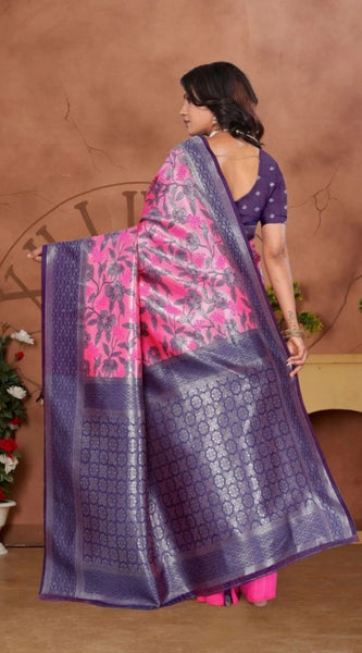 Mayawye Women's Banarasi Silk Jaquard Woven Saree With Unstitched Blouse 5.5Mtr (Pink)