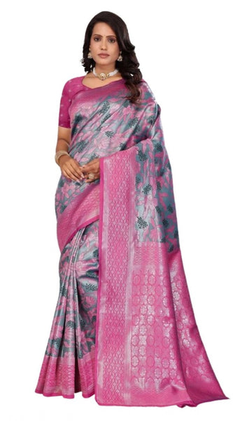 Mayawye Women's Banarasi Silk Jaquard Woven Saree With Unstitched Blouse 5.5Mtr (Pink)