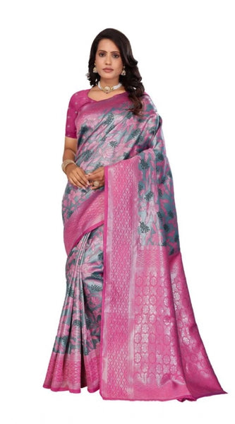 Mayawye Women's Banarasi Silk Jaquard Woven Saree With Unstitched Blouse 5.5Mtr (Pink)