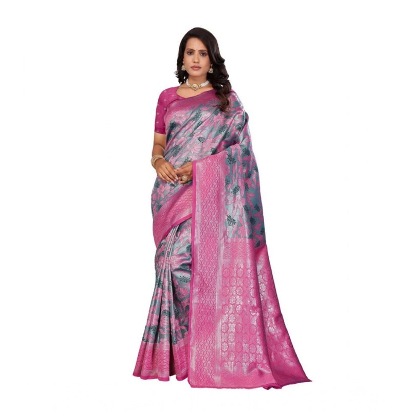Mayawye Women's Banarasi Silk Jaquard Woven Saree With Unstitched Blouse 5.5Mtr (Pink)