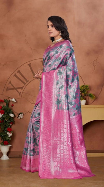 Mayawye Women's Banarasi Silk Jaquard Woven Saree With Unstitched Blouse 5.5Mtr (Pink)