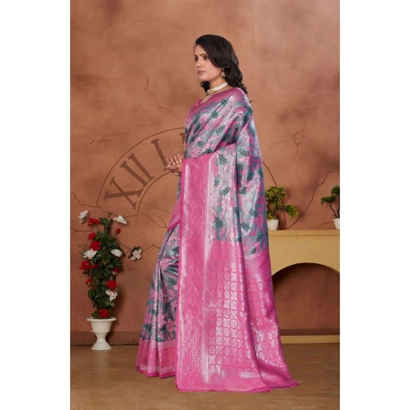 Mayawye Women's Banarasi Silk Jaquard Woven Saree With Unstitched Blouse 5.5Mtr (Pink)