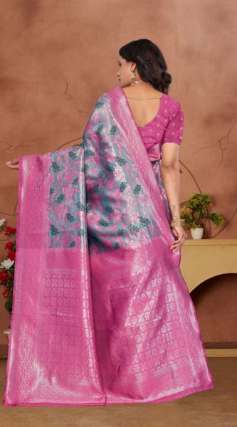 Mayawye Women's Banarasi Silk Jaquard Woven Saree With Unstitched Blouse 5.5Mtr (Pink)