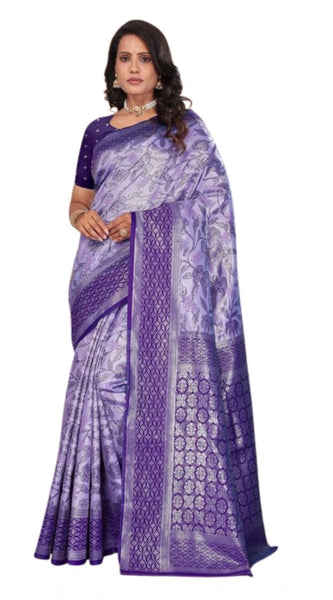 Mayawye Women's Banarasi Silk Jaquard Woven Saree With Unstitched Blouse 5.5Mtr (Purple)