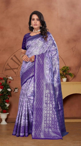 Mayawye Women's Banarasi Silk Jaquard Woven Saree With Unstitched Blouse 5.5Mtr (Purple)