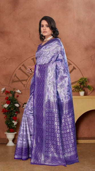 Mayawye Women's Banarasi Silk Jaquard Woven Saree With Unstitched Blouse 5.5Mtr (Purple)