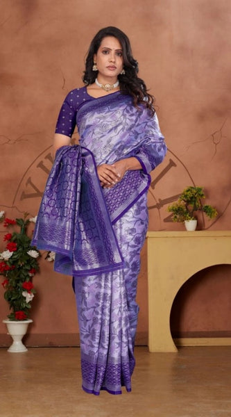 Mayawye Women's Banarasi Silk Jaquard Woven Saree With Unstitched Blouse 5.5Mtr (Purple)