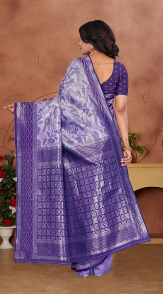 Mayawye Women's Banarasi Silk Jaquard Woven Saree With Unstitched Blouse 5.5Mtr (Purple)