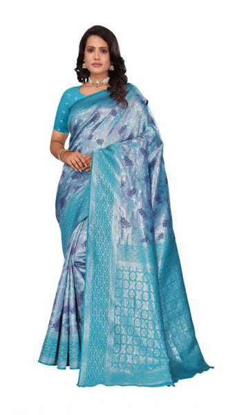 Mayawye Women's Banarasi Silk Jaquard Woven Saree With Unstitched Blouse 5.5Mtr (Light Blue)