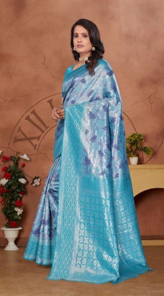 Mayawye Women's Banarasi Silk Jaquard Woven Saree With Unstitched Blouse 5.5Mtr (Light Blue)