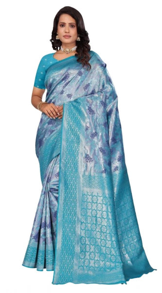 Mayawye Women's Banarasi Silk Jaquard Woven Saree With Unstitched Blouse 5.5Mtr (Light Blue)