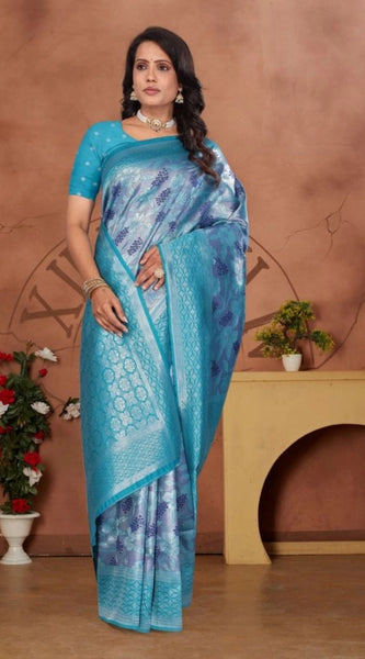 Mayawye Women's Banarasi Silk Jaquard Woven Saree With Unstitched Blouse 5.5Mtr (Light Blue)