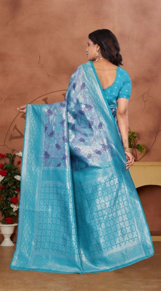 Mayawye Women's Banarasi Silk Jaquard Woven Saree With Unstitched Blouse 5.5Mtr (Light Blue)