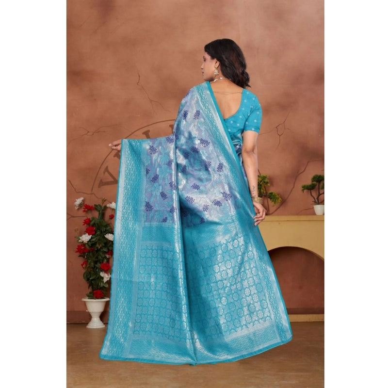 Mayawye Women's Banarasi Silk Jaquard Woven Saree With Unstitched Blouse 5.5Mtr (Light Blue)