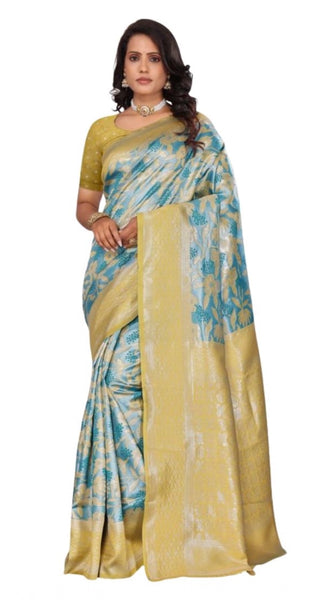 Mayawye Women's Banarasi Silk Jaquard Woven Saree With Unstitched Blouse 5.5Mtr (Yellow)