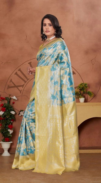 Mayawye Women's Banarasi Silk Jaquard Woven Saree With Unstitched Blouse 5.5Mtr (Yellow)