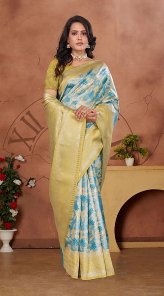 Mayawye Women's Banarasi Silk Jaquard Woven Saree With Unstitched Blouse 5.5Mtr (Yellow)