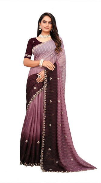 Mayawye Women's Chiffon Embroidred Saree With Unstitched Blouse 5.5Mtr (Beige)