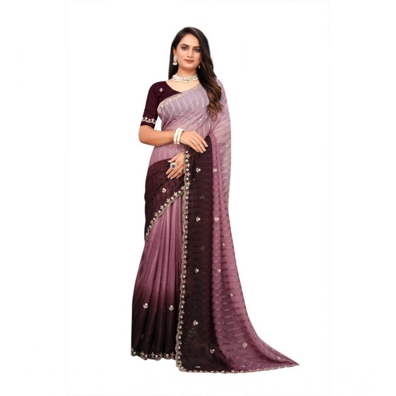 Mayawye Women's Chiffon Embroidred Saree With Unstitched Blouse 5.5Mtr (Beige)