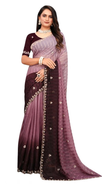 Mayawye Women's Chiffon Embroidred Saree With Unstitched Blouse 5.5Mtr (Beige)