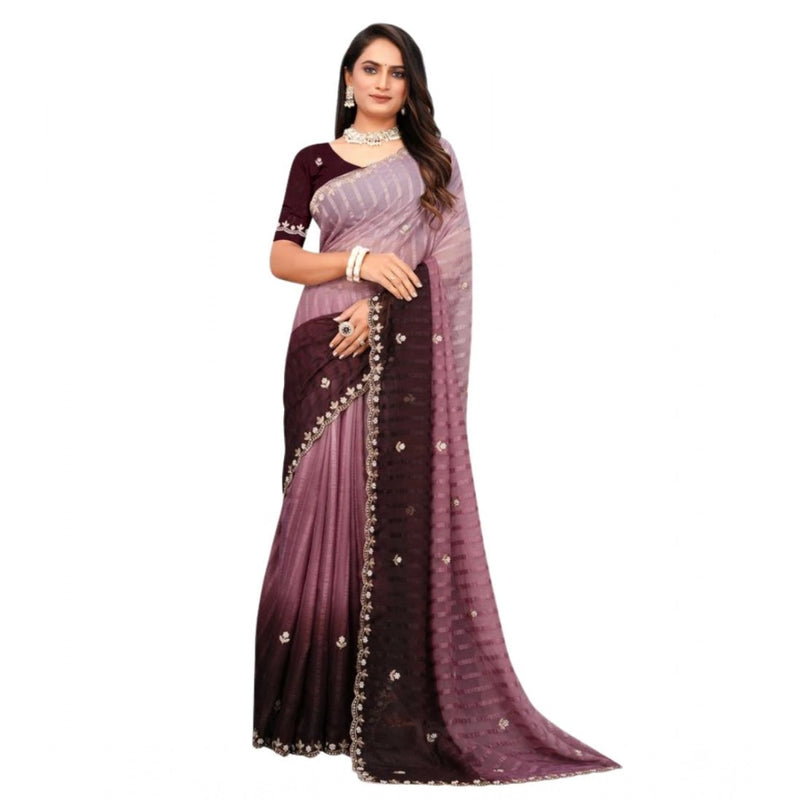 Mayawye Women's Chiffon Embroidred Saree With Unstitched Blouse 5.5Mtr (Beige)