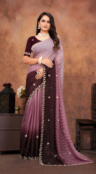 Mayawye Women's Chiffon Embroidred Saree With Unstitched Blouse 5.5Mtr (Beige)