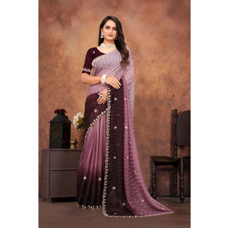 Mayawye Women's Chiffon Embroidred Saree With Unstitched Blouse 5.5Mtr (Beige)
