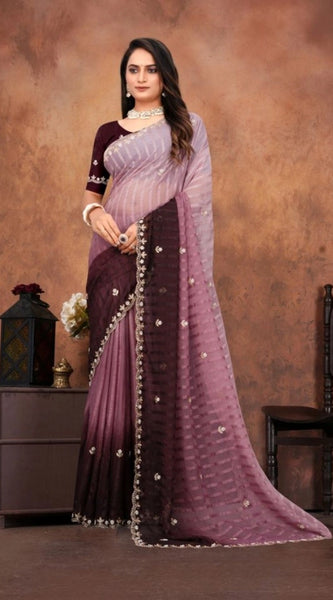Mayawye Women's Chiffon Embroidred Saree With Unstitched Blouse 5.5Mtr (Beige)