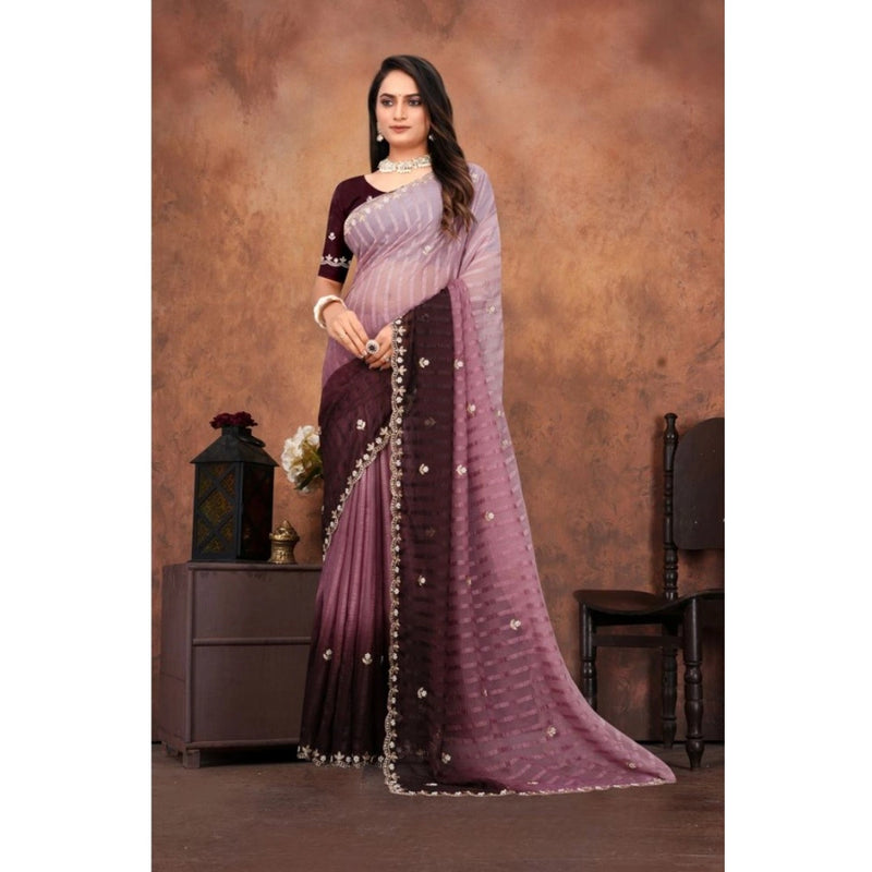 Mayawye Women's Chiffon Embroidred Saree With Unstitched Blouse 5.5Mtr (Beige)