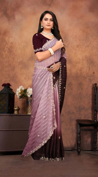 Mayawye Women's Chiffon Embroidred Saree With Unstitched Blouse 5.5Mtr (Beige)