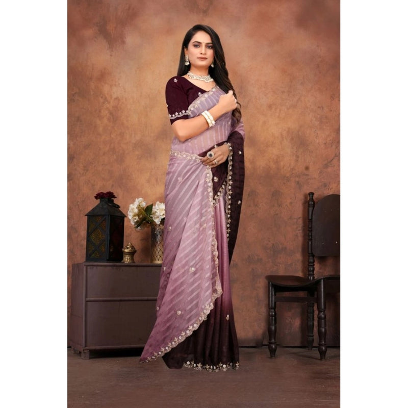 Mayawye Women's Chiffon Embroidred Saree With Unstitched Blouse 5.5Mtr (Beige)
