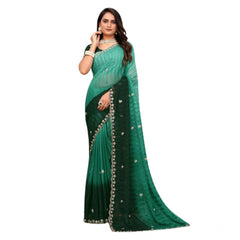 Mayawye Women's Chiffon Embroidred Saree With Unstitched Blouse 5.5Mtr (Dark Green)