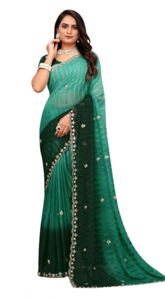 Mayawye Women's Chiffon Embroidred Saree With Unstitched Blouse 5.5Mtr (Dark Green)