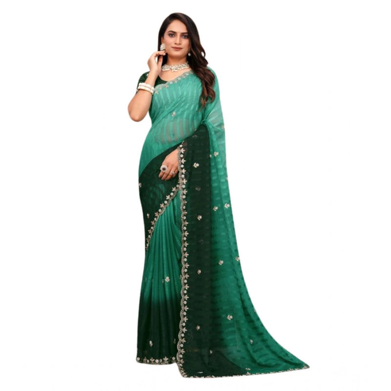 Mayawye Women's Chiffon Embroidred Saree With Unstitched Blouse 5.5Mtr (Dark Green)