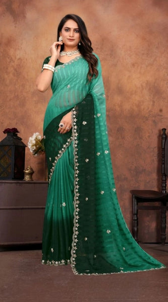 Mayawye Women's Chiffon Embroidred Saree With Unstitched Blouse 5.5Mtr (Dark Green)