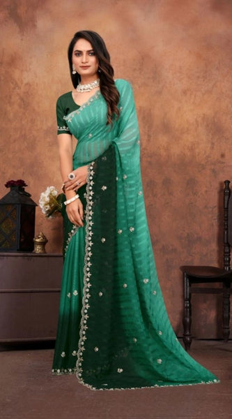 Mayawye Women's Chiffon Embroidred Saree With Unstitched Blouse 5.5Mtr (Dark Green)