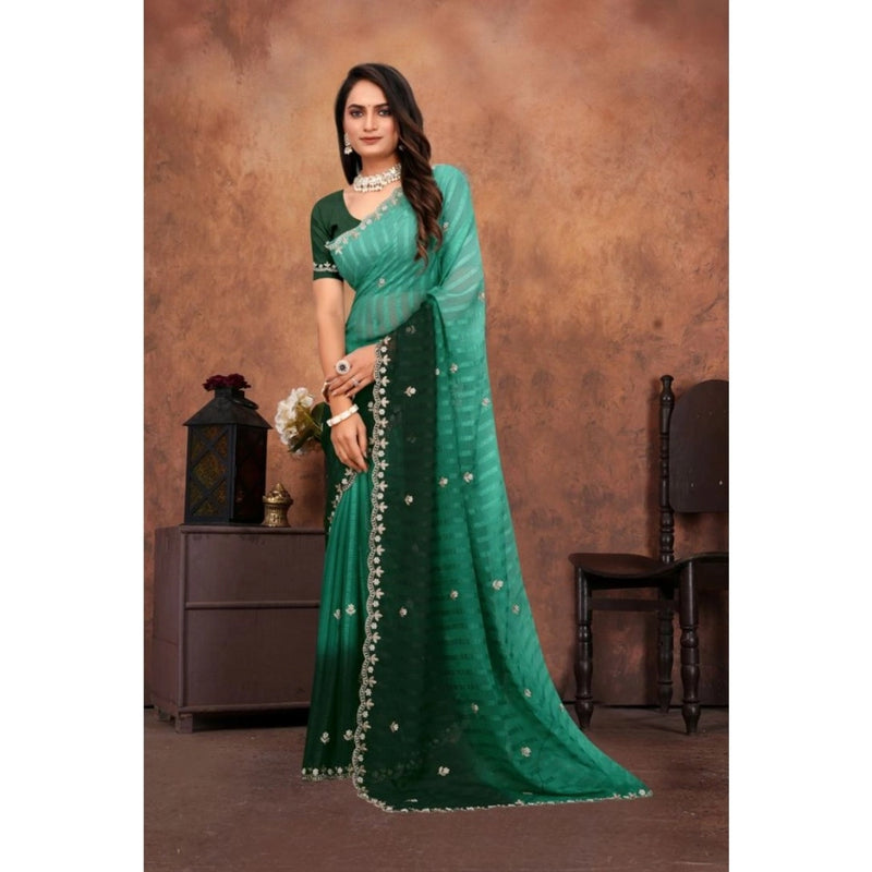 Mayawye Women's Chiffon Embroidred Saree With Unstitched Blouse 5.5Mtr (Dark Green)