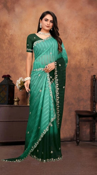 Mayawye Women's Chiffon Embroidred Saree With Unstitched Blouse 5.5Mtr (Dark Green)