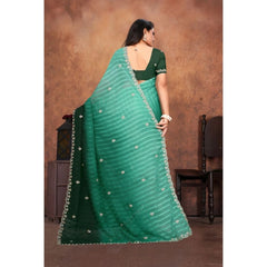 Mayawye Women's Chiffon Embroidred Saree With Unstitched Blouse 5.5Mtr (Dark Green)