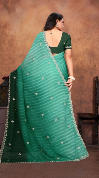 Mayawye Women's Chiffon Embroidred Saree With Unstitched Blouse 5.5Mtr (Dark Green)
