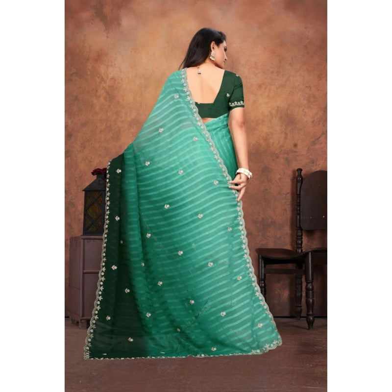 Mayawye Women's Chiffon Embroidred Saree With Unstitched Blouse 5.5Mtr (Dark Green)