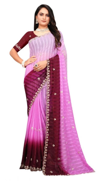 Mayawye Women's Chiffon Embroidred Saree With Unstitched Blouse 5.5Mtr (Pink)