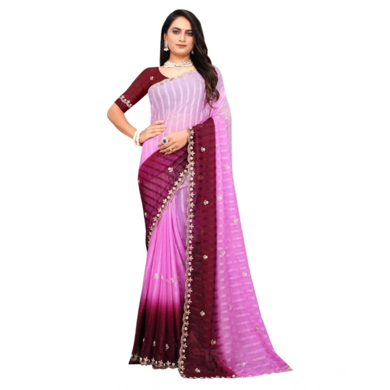Mayawye Women's Chiffon Embroidred Saree With Unstitched Blouse 5.5Mtr (Pink)