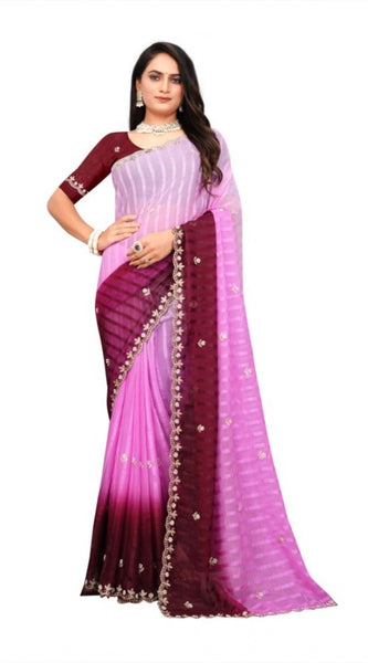 Mayawye Women's Chiffon Embroidred Saree With Unstitched Blouse 5.5Mtr (Pink)