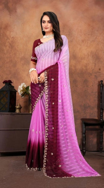 Mayawye Women's Chiffon Embroidred Saree With Unstitched Blouse 5.5Mtr (Pink)