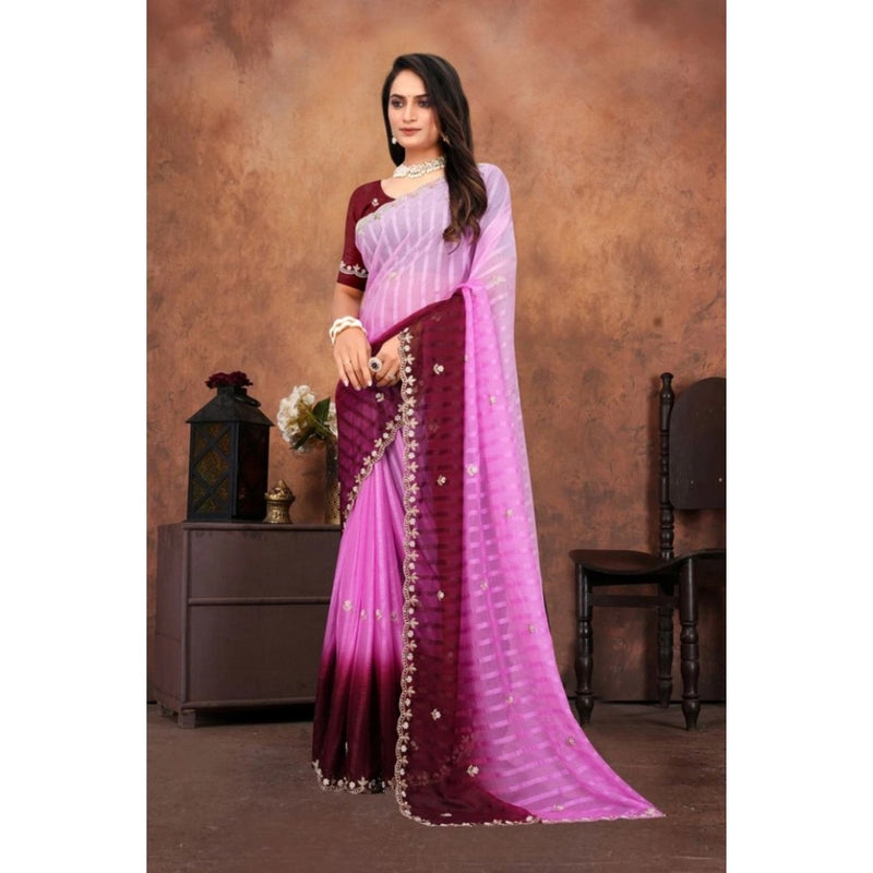 Mayawye Women's Chiffon Embroidred Saree With Unstitched Blouse 5.5Mtr (Pink)
