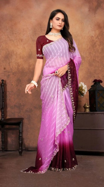 Mayawye Women's Chiffon Embroidred Saree With Unstitched Blouse 5.5Mtr (Pink)